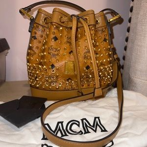 MCM Worldwide studded mini visetos bucket bag